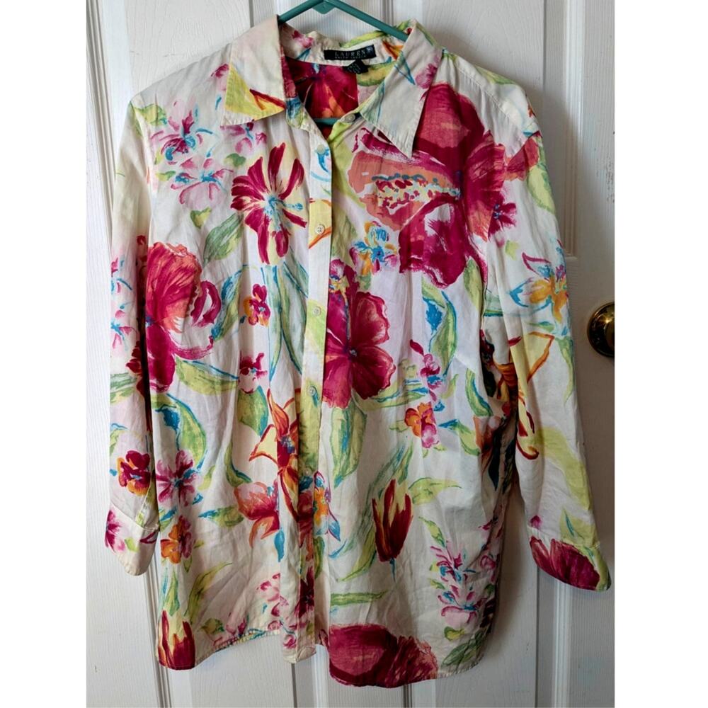 Ralph Lauren Cotton 3/4 Sleeve Shirt 1X Floral Top Button Up Tunic Casual 18